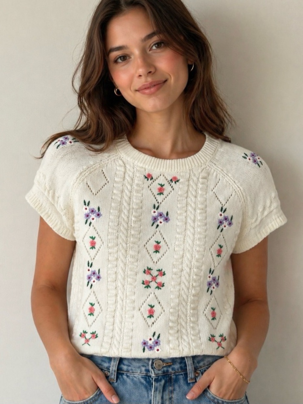 Cider Cream Floral Knit Crop Top